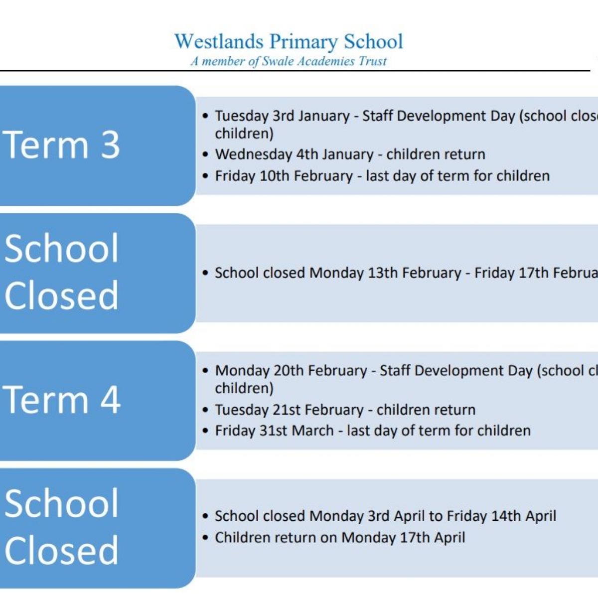 Westlands Primary School Term 3 and Term 4 Dates